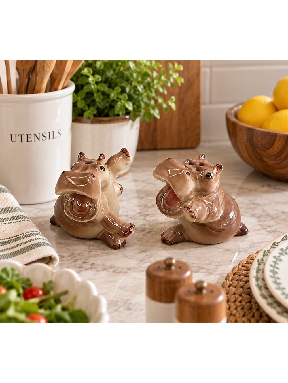 Vintage Hippo Salt & Pepper Shakers Ceramic Hippopotamus Figural Set